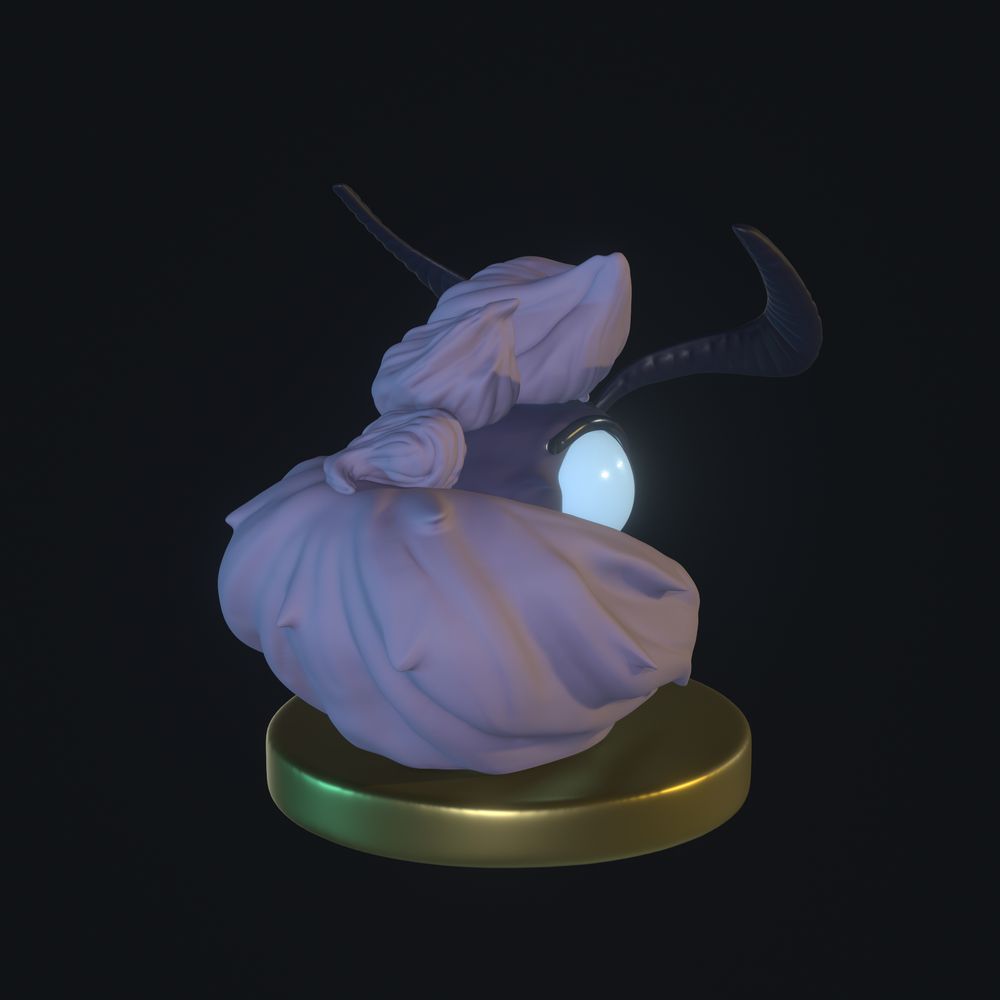 A 3/4 back view of a 3D sculpt of a purple anthro moth head