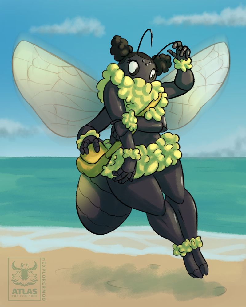 A drawing of an anthro bee girl hovering above a beach