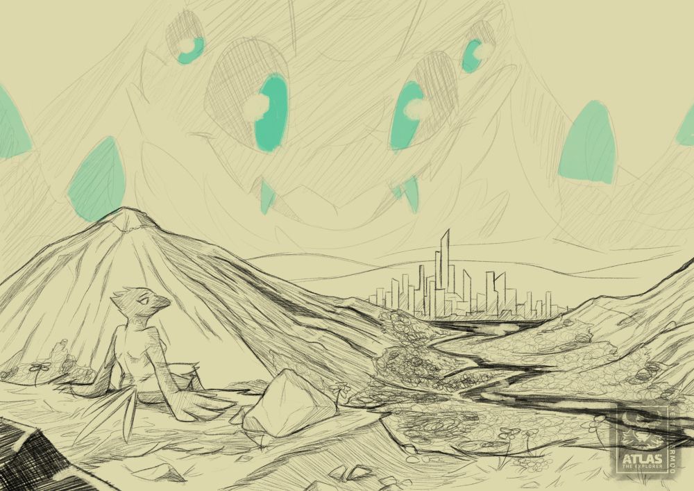 A sketch of a mountain valley with a city in the distance. A bird lady is sitting on the edge of a cliff on the foreground, nonchalantly looking at the landscape. In the sky, a creature can be faintly seen lookind down as if they were pressing their face against the glass of an aquarium."