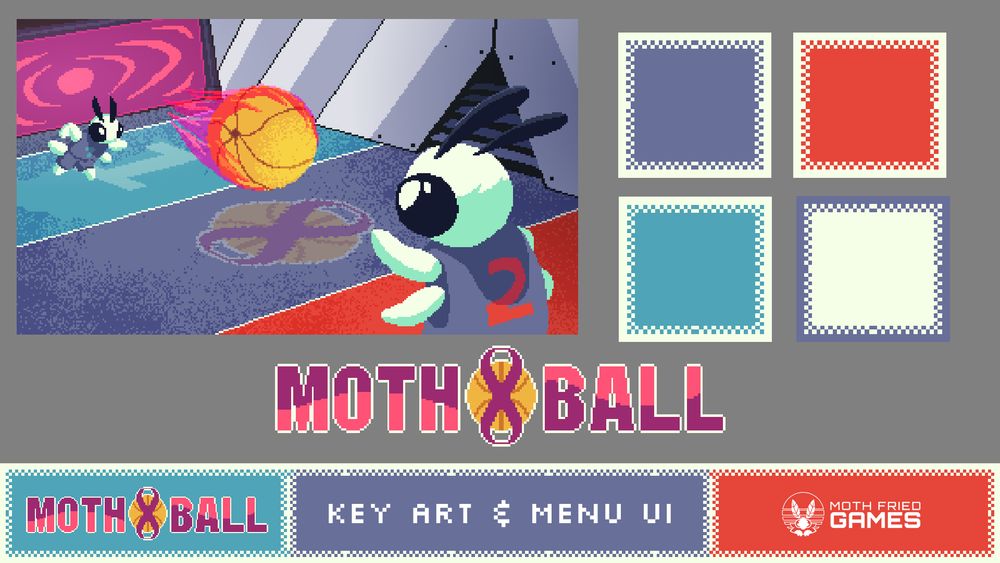 A spritesheet showing a pixel art drawing of two moths playing dodgeball, the logo for the game "Mothball", and  some square button templates. Bottom text reads: "Mothball: Key Art & Menu UI"