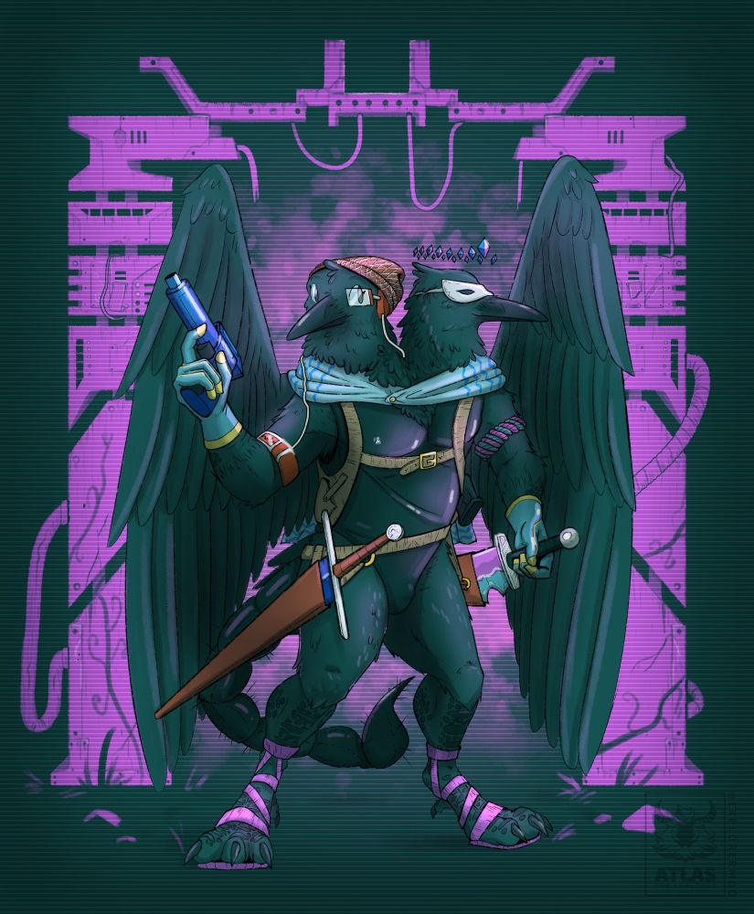 A drawing of a two headed anthro crow wirlding guns and swords in front of a purple machine arch