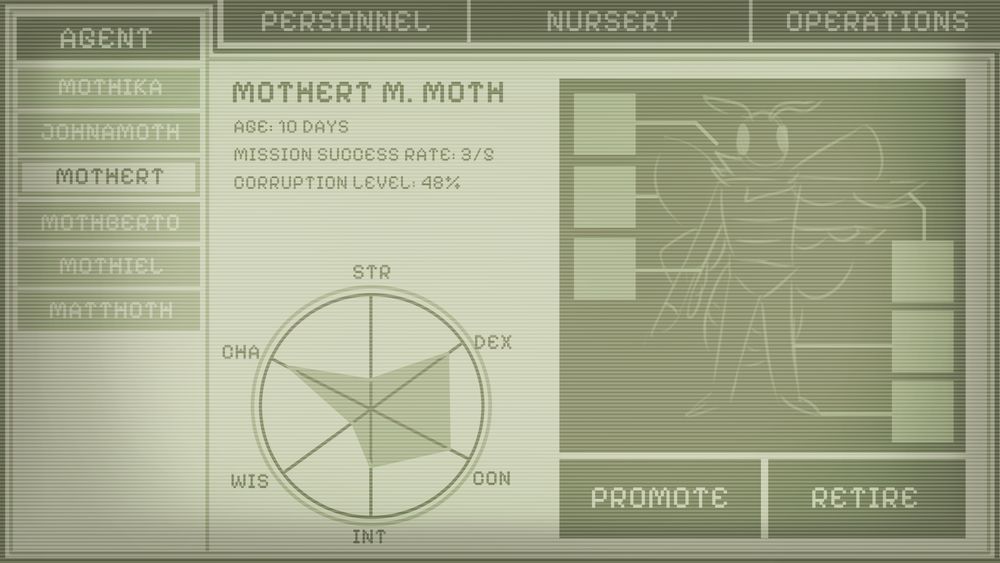 A mockup of a game screen. Concept shows a management screen inspired by old computers showcasing a character named "Mothert M Moth" and their stats and inventory.