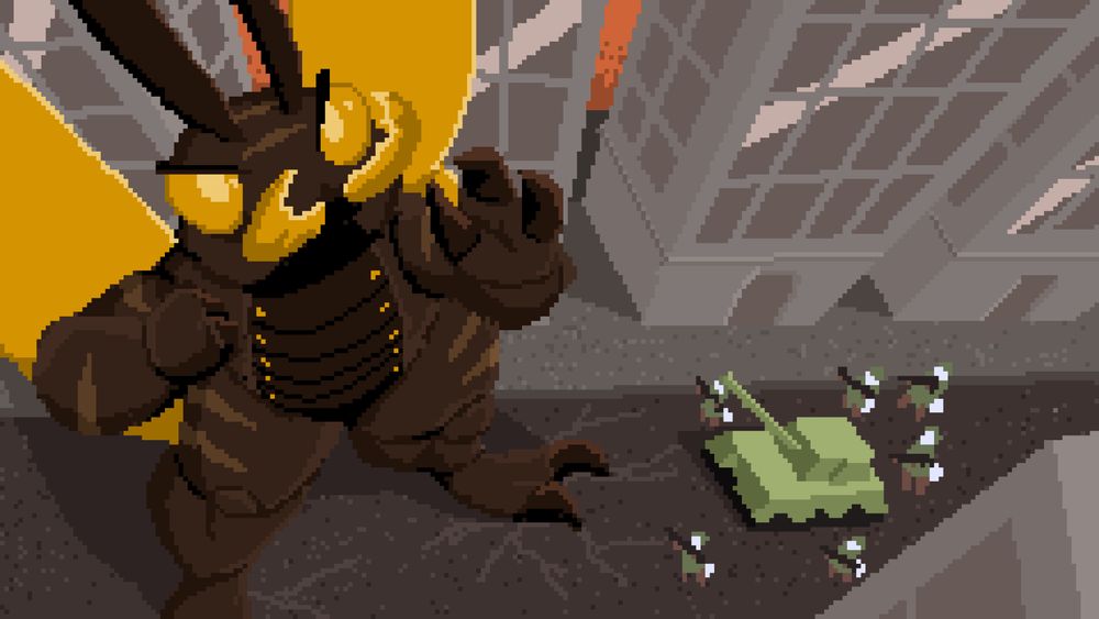 A pixel art drawing of a kaiju moth roaring at the sky while a tank and a few soldiers point their guns at them.
