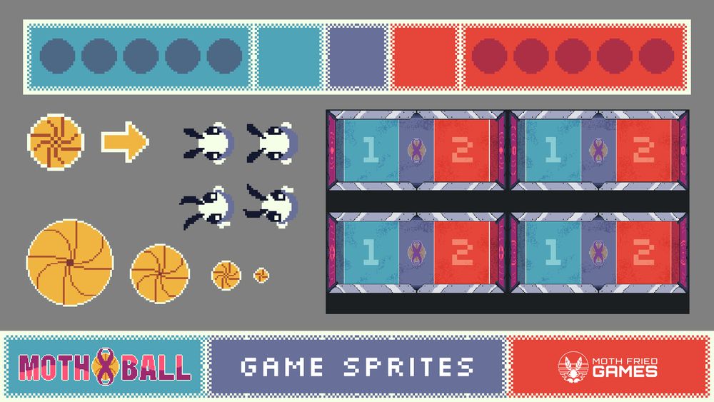 A spritesheet featuring moths and a ball court. Text reads "Mothball: Game Sprites"