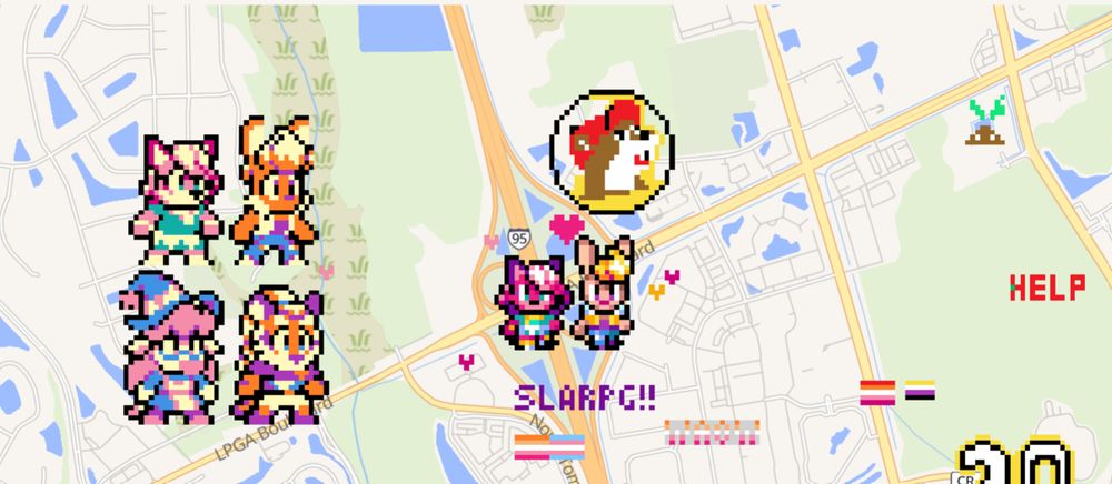 a screenshot of wplace featuring some sprites from Super Lesbian Animal RPG and some hearts and pride flags. and also the Buc-ee's logo