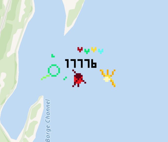a small pixel art tribute to 17776 on wplace, with the satellites and four different colored hearts