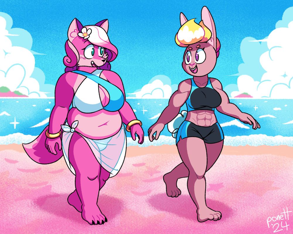 an illustration of Melody Amaranth and Allison Goleta from Super Lesbian Animal RPG happily strolling along the beach in swimwear