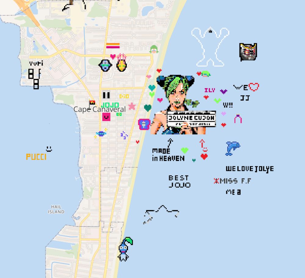 pixel art of Jolyne Cujoh near Cape Canaveral on wplace, surrounded by small messages from fans of the character
