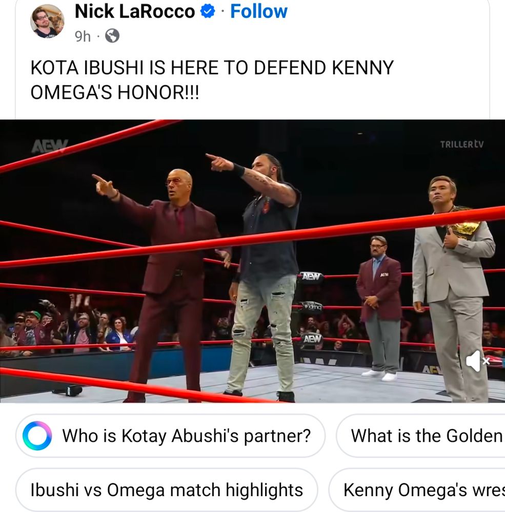 Screenshot of Kota Ibushi returning on Collision, but Meta AI has mistranscribed his name as Kotay Abushi 