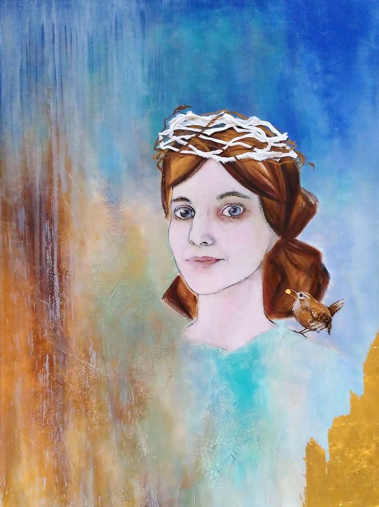 Acrylic self-portrait: a middle-aged Woman with brown hair and blue eyes looking directly at the viewer. She is wearing a crown of twigs. On her shoulder perches a wren with a golden berry in its beak.