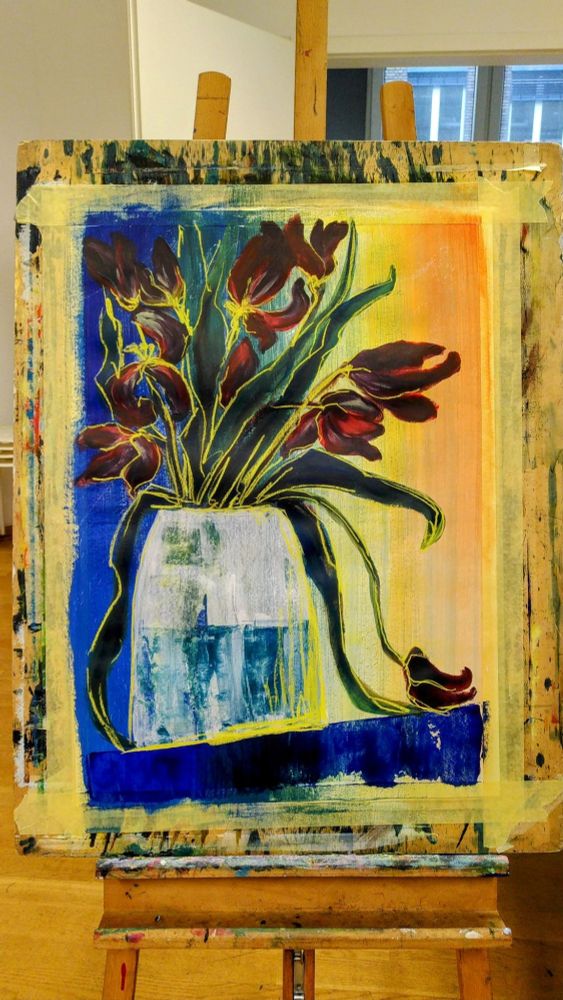Painting of wilting tulips in a vase