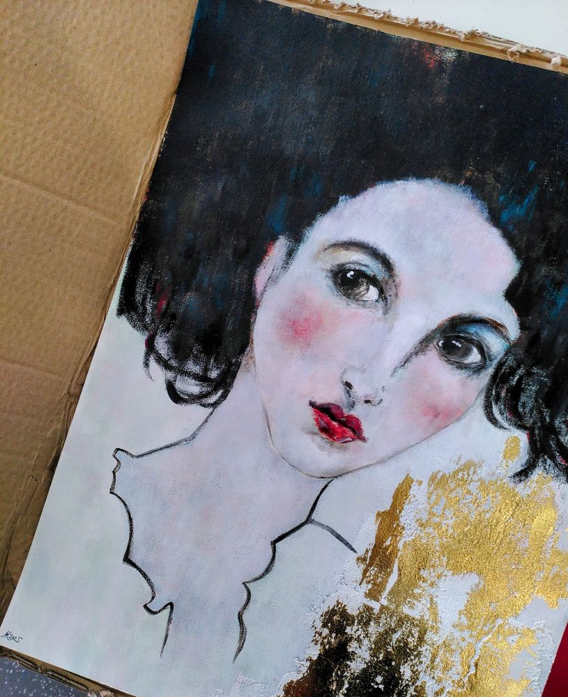 Acrylic painting of a young black haired woman getting packaged for shipping
