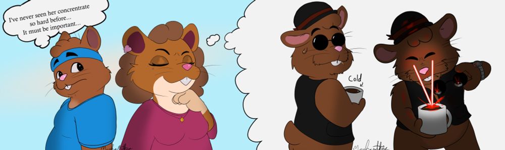 Bean is looking at Moka, who is lost in thought. Bean thinks," I've never seen her concentrate so hard before... it must be important..." Meanwhile, a thought bubble shows that she is thinking of Bobby, who wears sunglasses, and thinks when no one is looking, heats up cold coffee with laser eyes he secretly has.