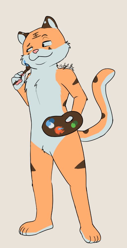 An anthro version of Tygerfyre holding a paint palette in his left hand while his right hand has a paint brush. The paint brush is smearing paint on his cheek, but he is too much in thought to notice.