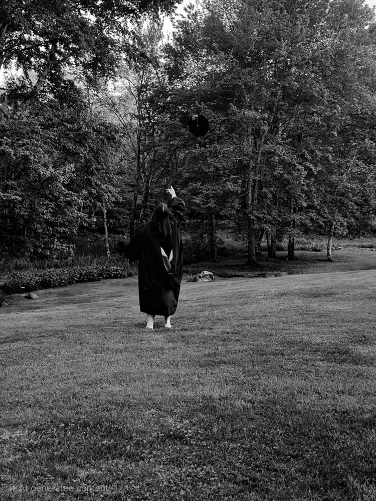 Black and white photo of Kim tossing her tam