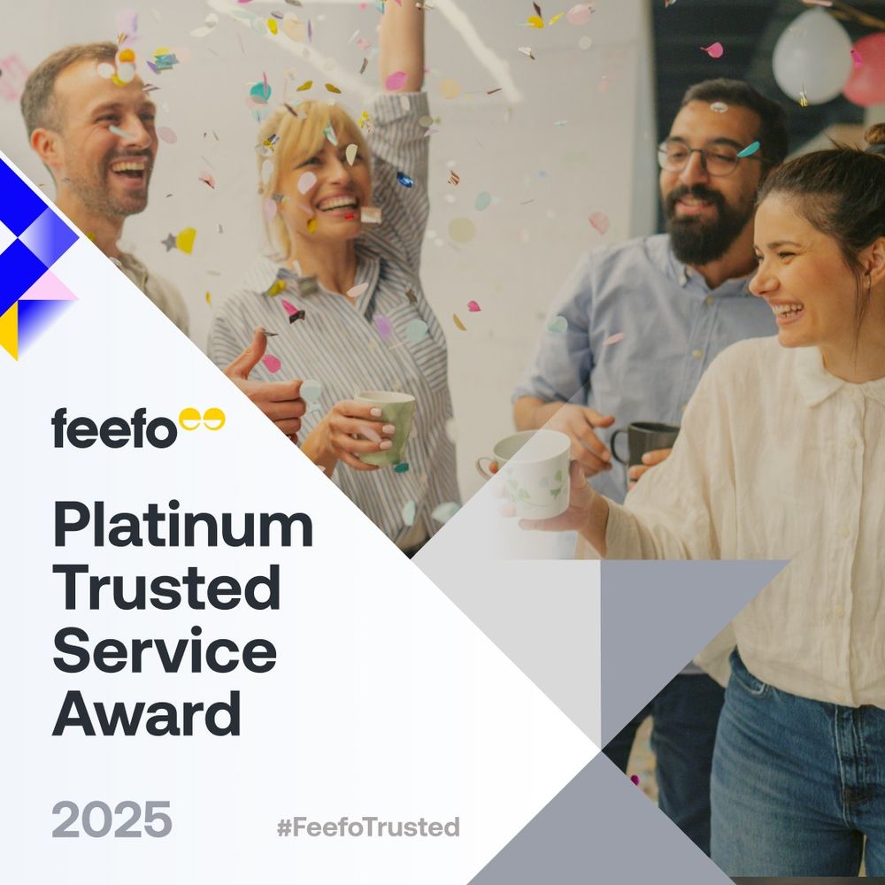 Image shows four people smiling and laughing, holding cups and celebrating. Confetti flows down the image. To the bottom left, the Feefo logo and the words 'Platinum trusted service award, 2025'