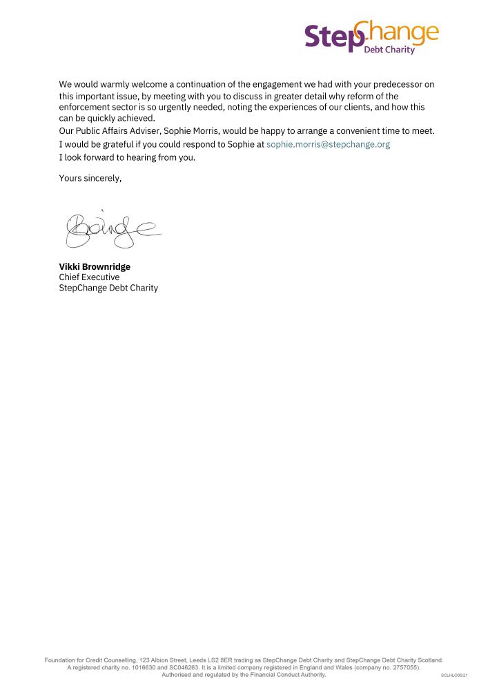 Our letter working with Luke Charters MP, we've written to Sarah Sackman as part of our campaign to see bailiffs regulated.