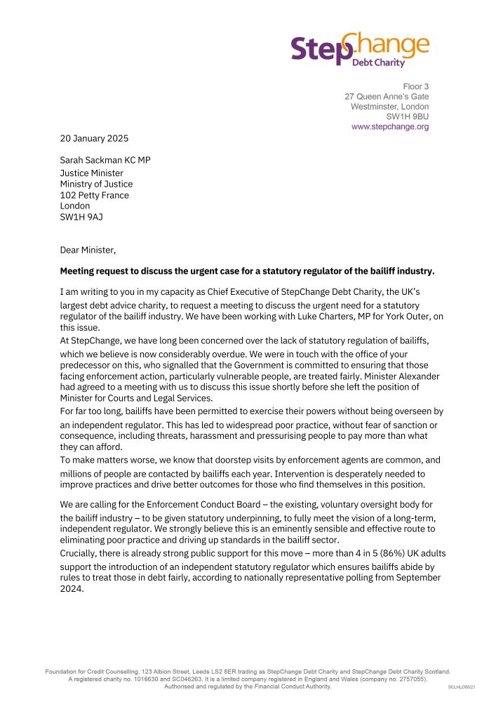 Our letter working with Luke Charters MP, we've written to Sarah Sackman as part of our campaign to see bailiffs regulated.