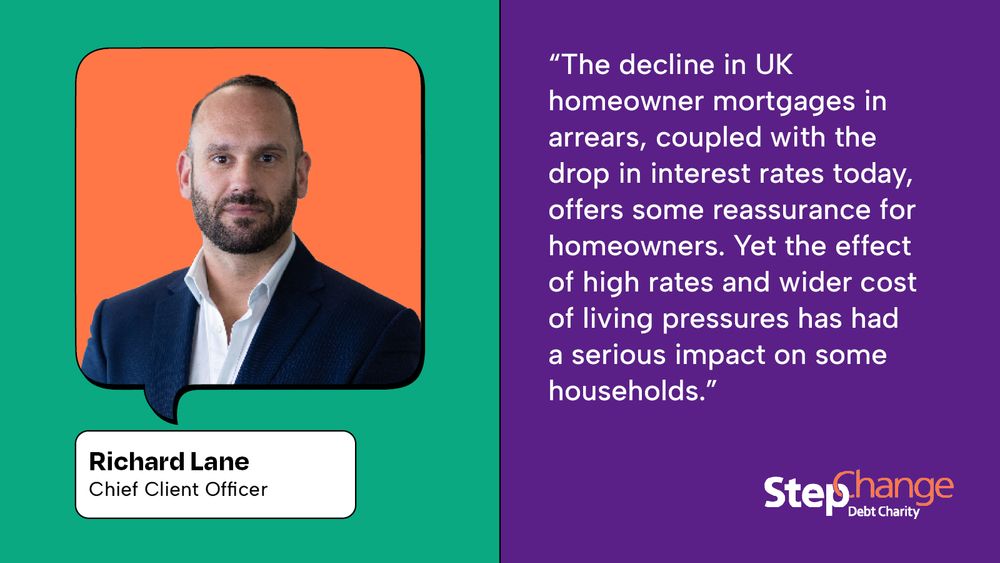 Green and purple background with white text of a quote from our press release. To the left in an orange cut out speech bubble, a picture of Richard Lane in a blue suit looks towards the camera.