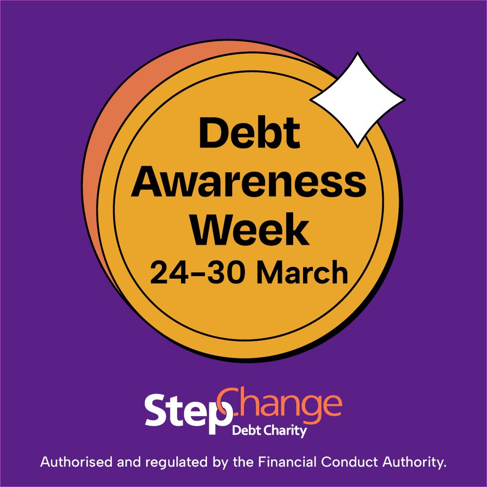 A purple graphic with a gold coin in the centre with the the words 'Debt Awareness Week 24-30 March' on and the StepChange logo below.
