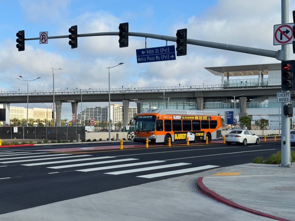 Looking southeast towards Aviation Boulevard. The Metro local bus enters from the south.