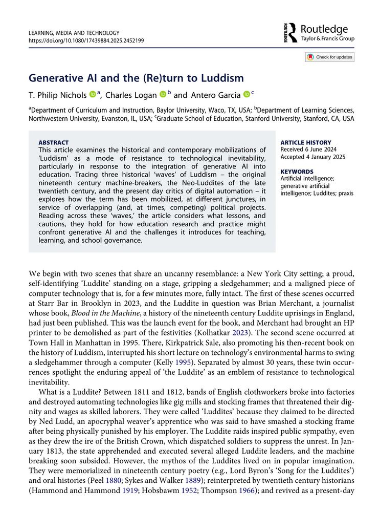 Screenshot of the first page of an article titled "Generative AI and the (Re)turn to Luddism" published in the journal Learning, Media, and Technology.