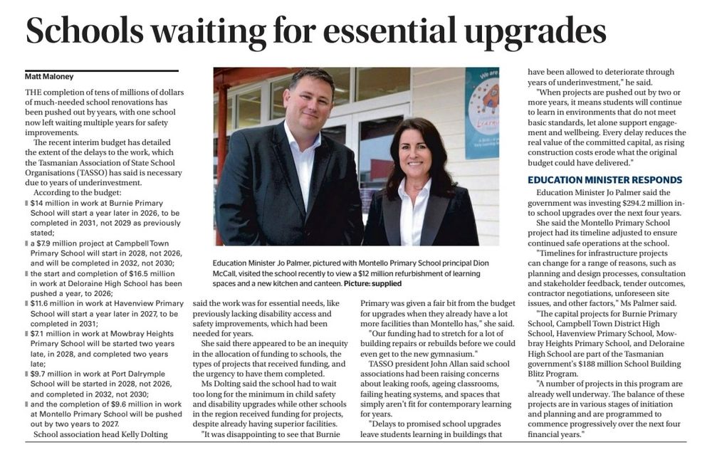 Page 2 - an article headlined "Schools waiting for essential upgrades." 
