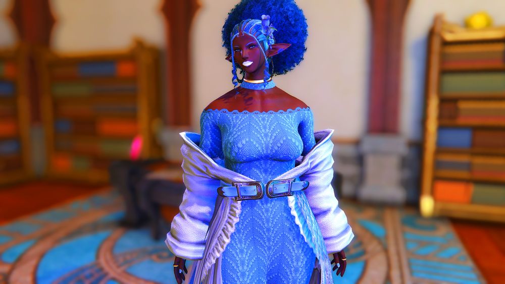 Ystride, a Black Elezen, posing daintily for the camera with a smile. Her hair is arranged in a single-puff afro ponytail, and they are wearing a form fitting blue dress.