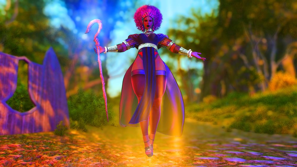 Euphemia, a Black Highlander Hyur, taking up a casting pose with her eyes closed as she floats in the air. Her hands are spread and one hand has a simple conjurer's stave in it.