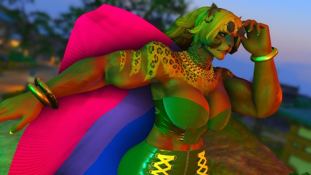 Helena, a brown, leopard-colored Hrothgar, casually throws a bisexual flag over her shoulder as she struts forward, confidently tilting her glasses up to look at the camera.