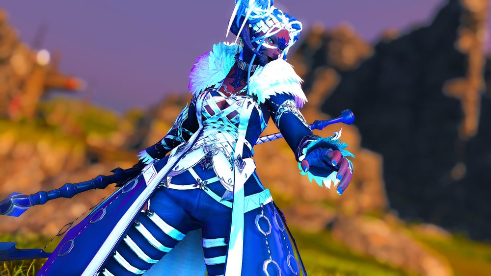 A Black Au Ra with braids done up in space buns. She is wearing the Reaper Artifact gear with a blue choker that says GODDESS on it in silver letters, wielding a scythe with a smug smirk as she looks at the viewer.