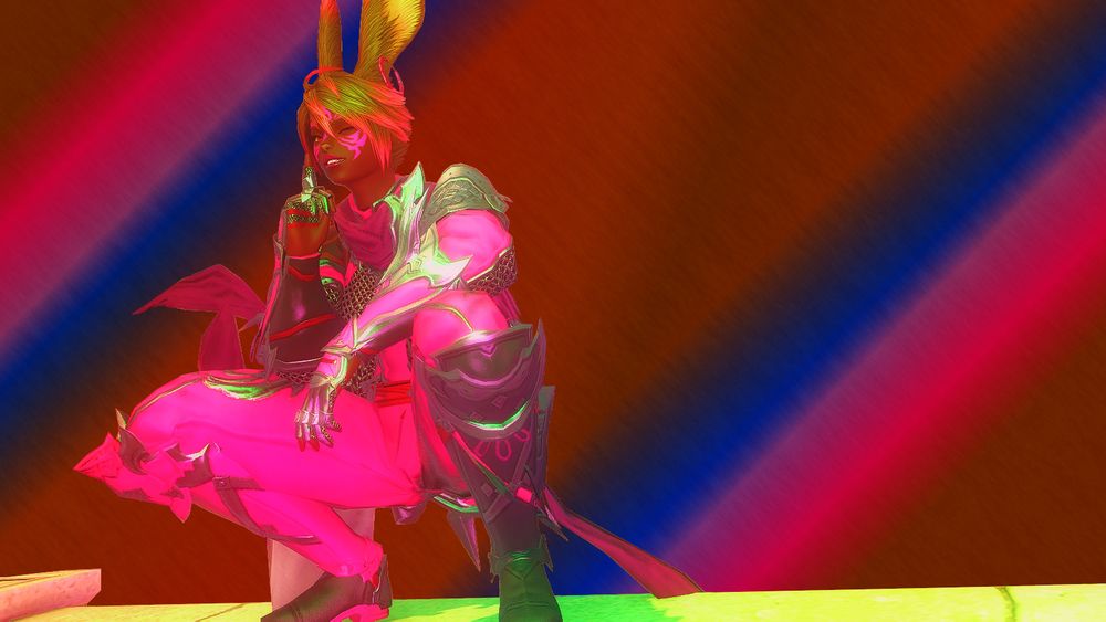 A Black Rava Viera squatting on a wide fence and winking. The bisexual flag with additional brown colors acts as a colorwash in the background.
