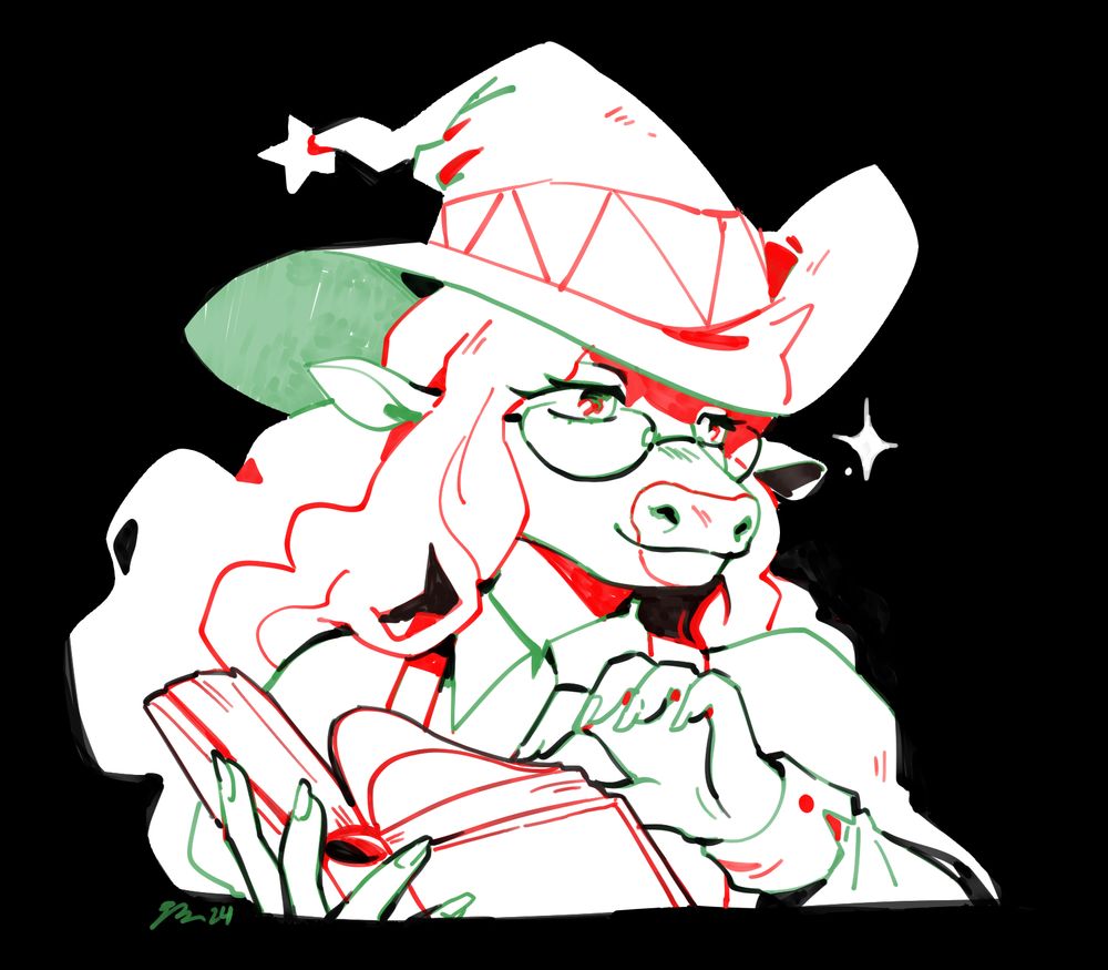 Claire Higsby from the game Super Lesbian Animal RPG, in the colors of the Palestinian flag, holding a book.