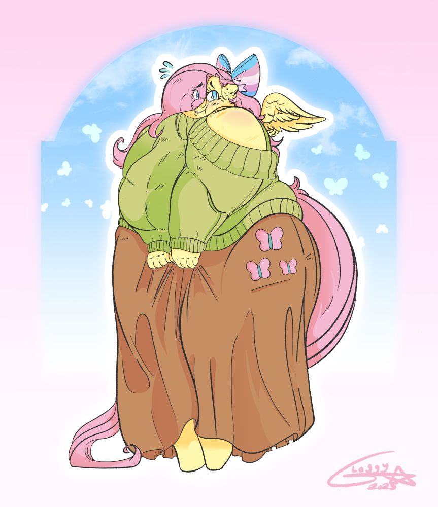 Fluttershy atop a cloudy, butterfly filled background with a bashful expression. She retreats her neck into her shoulders, holding tightly to her long skirt.