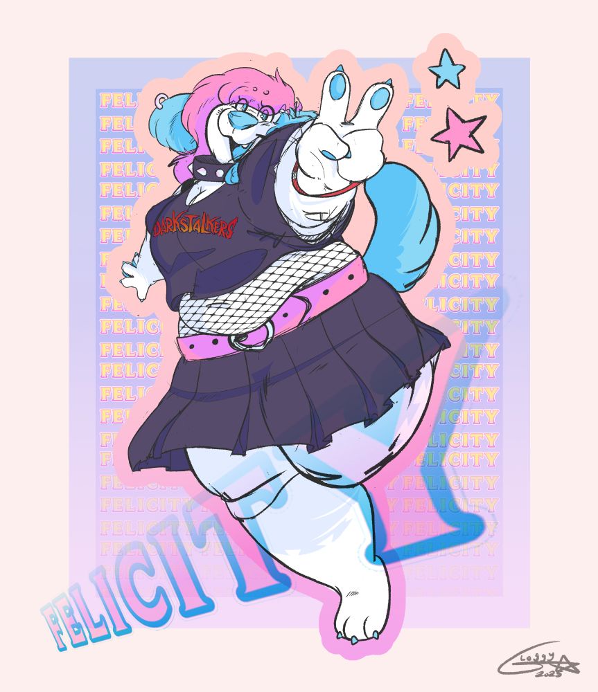 A cel shaded image of a dog OC called Felicity, surrounded by her name in the Capcom font giving a cutesy peace sign.