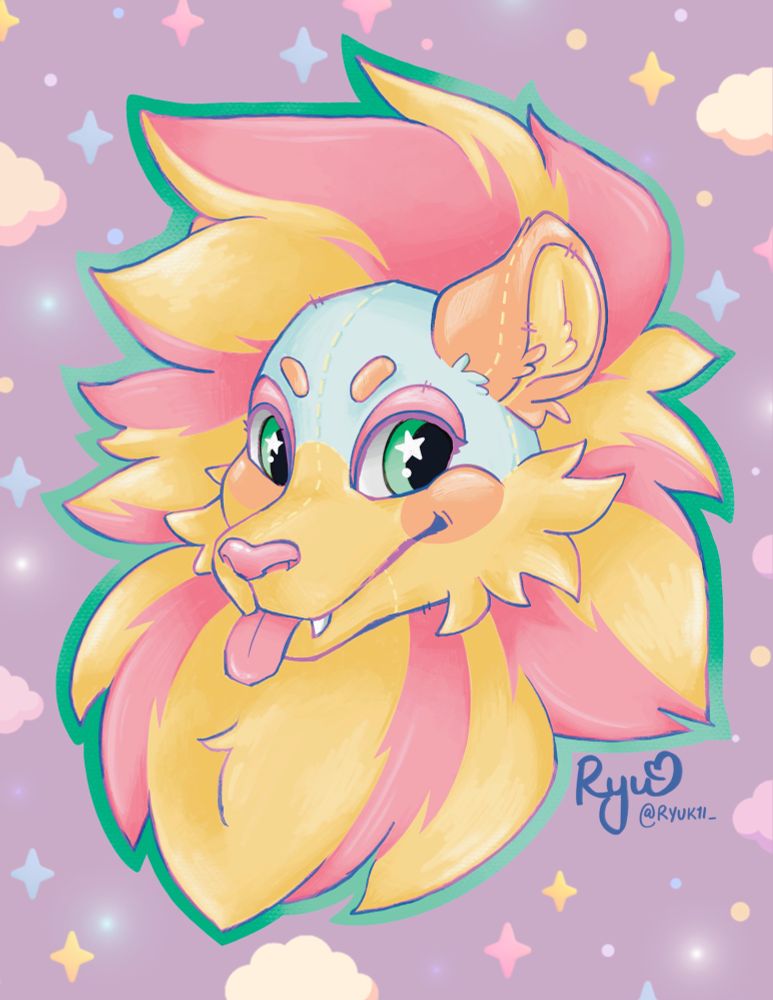 A bust style artwork of Sherbet, a pastel blue, yellow, orange and pink plush lion fursona of berber-plushie. He is mostly yellow and with pink color blocking around his mane. The top of his head is pastel blue and below his eyes, his snout abruptly becomes yellow. His ears are orange with yellow inside. His nose is pink & he’s sticking out his tongue. Big green eyes with star sparkles in the center. He’s color blocked by teal and the entire background itself is pastel purple.