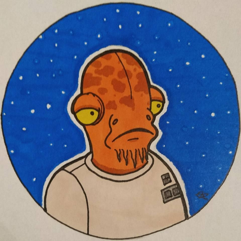 An illustration of a portrait of Admiral Akbar from Star Wars set against a royal blue background with stars. Drawn in pigment and Pro Marker pens, with no AI assistance.