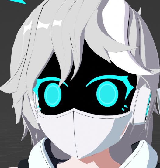 Kira with updated cyan blue eyes on a digital robot face. They now have a lighter ring around a slightly darker blue iris.
The expression is neutral.