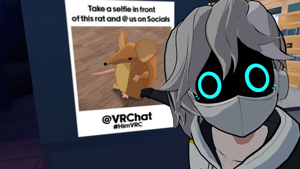 Kira; an android with silver hair, a white facemask, and digital blue eyes, pointing at a picture of a low poly VRChat Rat