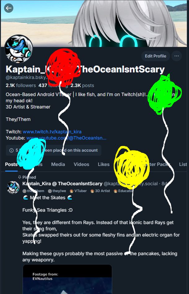 A picture of Kira's Bluesky profile with colorful balloons scribbled on