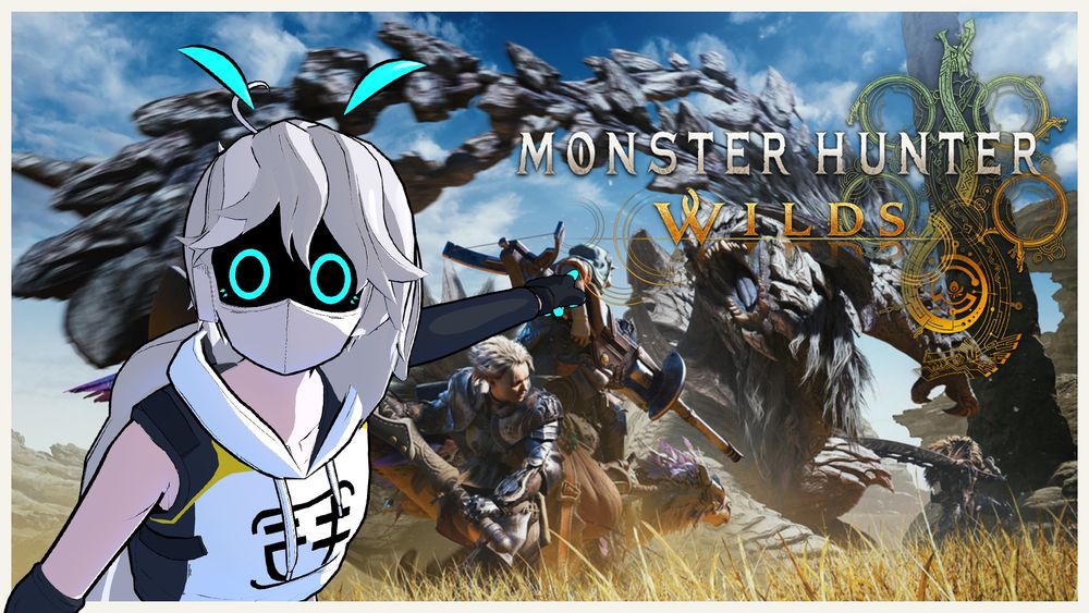 Kaptain_Kira, an android with a digital face and blue glowing eyes, a white facemask and silver hair, wearing a white cropped hoodie with "Kira" written in Katakana, pointing at a monster from Monster Hunter Wilds