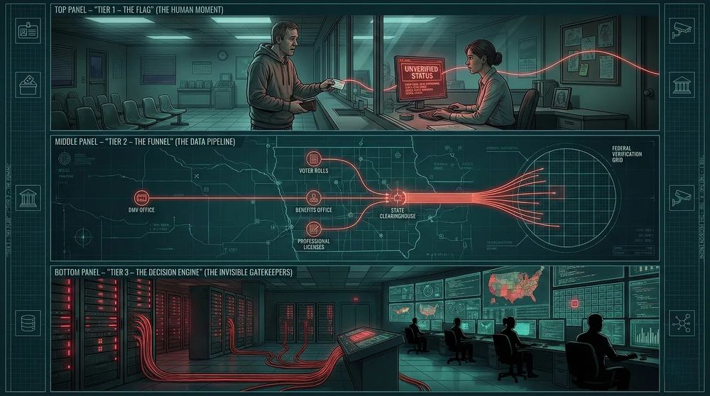 Infographic showing Tier 1 ‘State Sensors’ (DMV/driver’s license record), Tier 2 ‘Clearinghouse,’ and Tier 3 ‘Federal Engine,’ with red/teal lines connecting state systems to DHS/SAVE and federal dashboards.