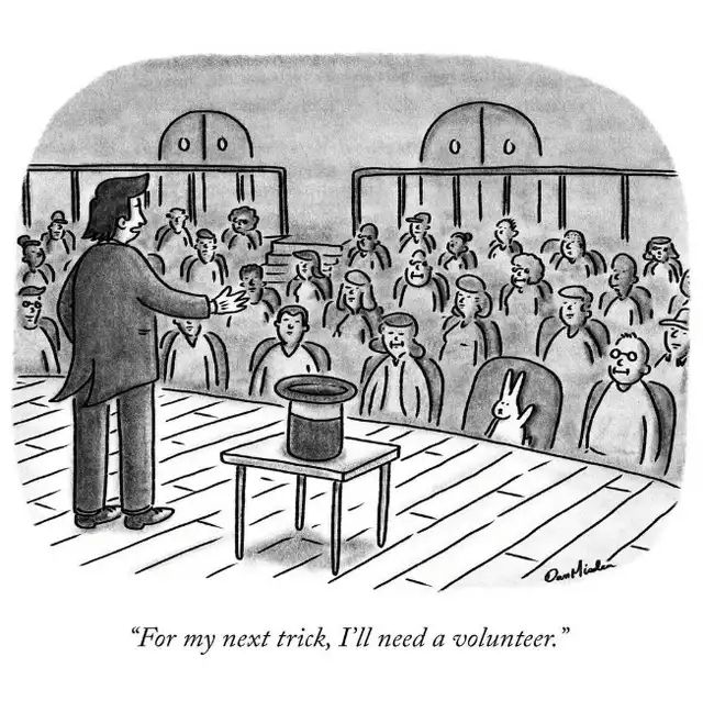 This cartoon shows a magician on stage in front of a table with a top hat on it. He says he is looking for a volunteer and a rabbit in the front row has its hand raised to volunteer.