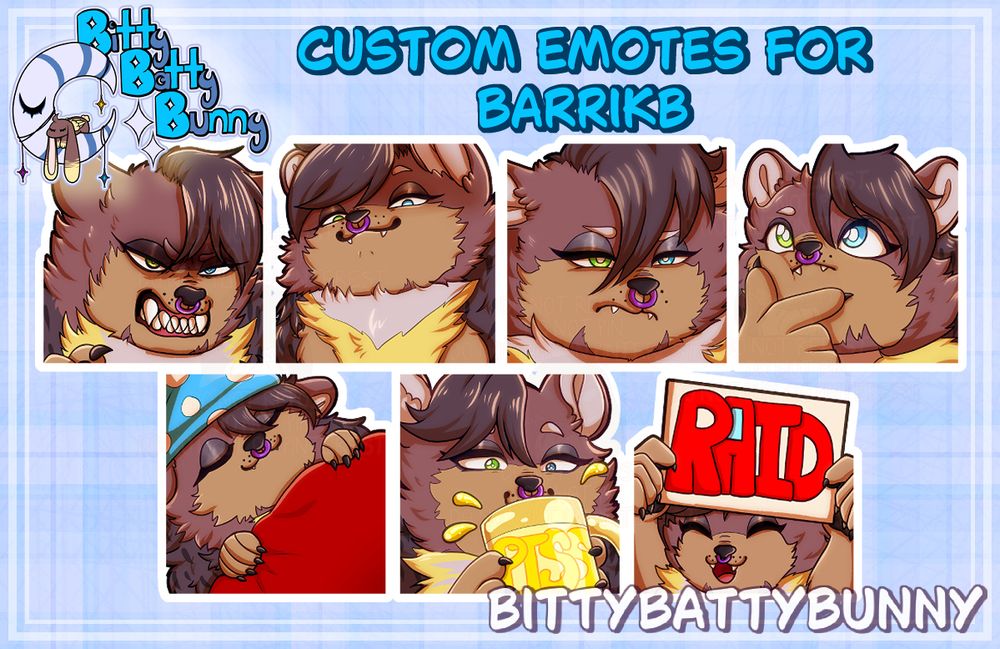 a graphic showing off 7 custom emotes of a bear character done as a commission

There is an angry bear, a smug bear, a suspicious bear, a thinking bear, a sleeping bear, a bear drinking piss, and a bear holding a raid sign