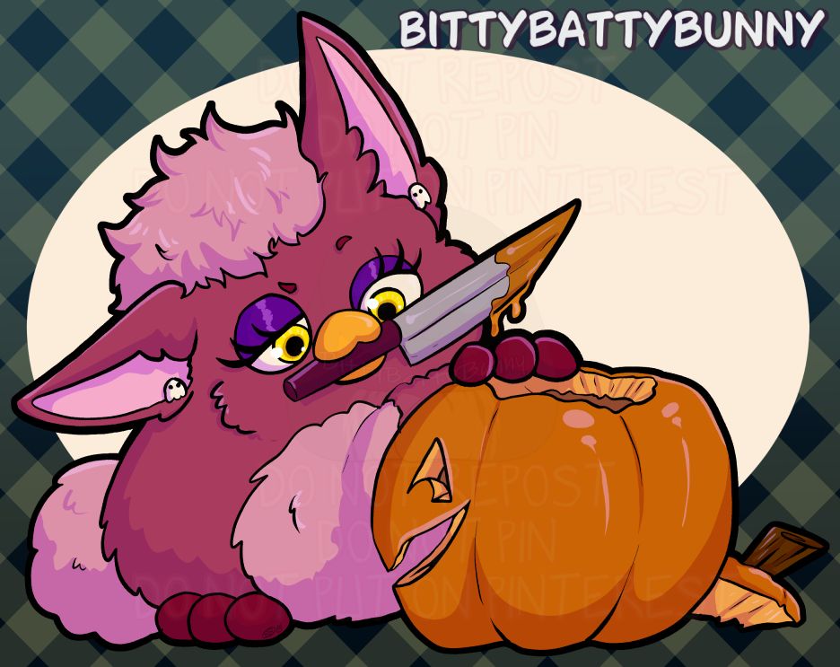 a dark pink furby holds a knife in her beak while one foot rests on a carved pumpkin that she is inspecting her work on
she has lighter pink for her belly and hair with little ghost earrings