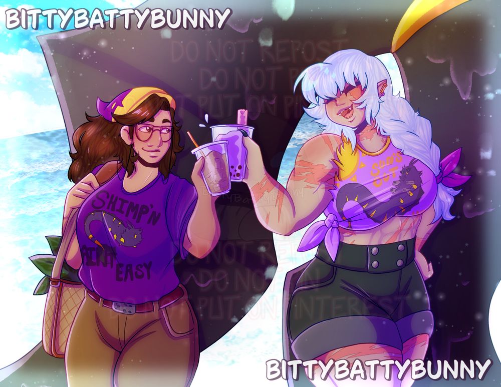 two peopel are clinking their glasses together with smiles on their faces, the shorter brown haired one wears a shirt saying shrimp'n ain't easy while the taller white haired one has a cropped shirt that partially reads 'sun's out'
behind them a giant tail fin is about to knock them over