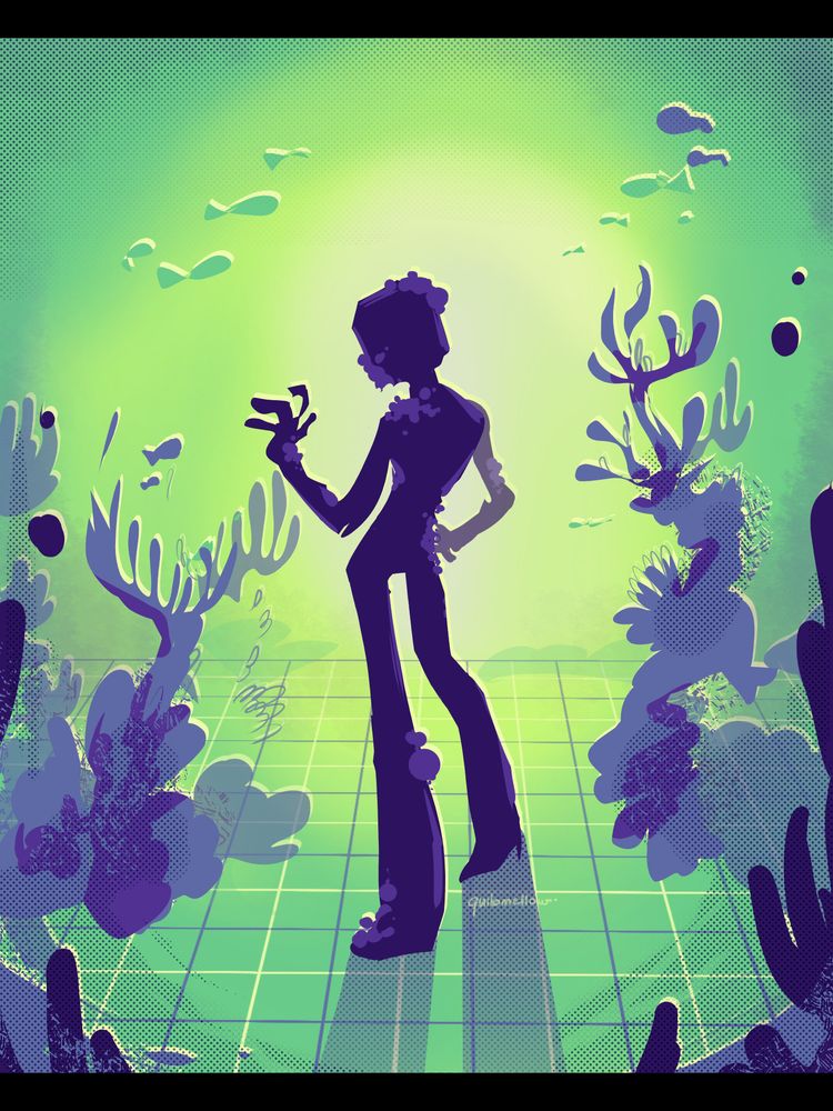 pebble stickfigure guy with the moss on him goes to the sea :)
(yellow greens and indigos used as the color palette)