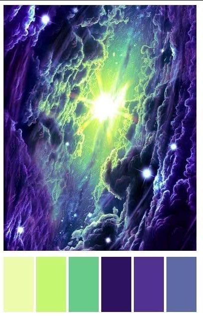 color palette consisting of yellow to green, and dark indigo to light indigo