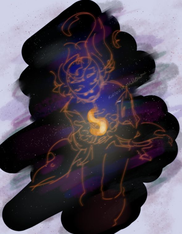 red son doodle of him holding a fire close. hes like a visage in space for some reason