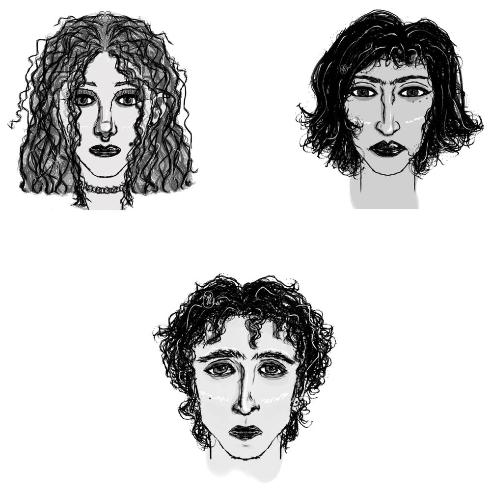 three grayscale sketches of faces on a white background.

the top left is of a woman with shoulder-length curly hair with a slightly upturned nose wearing a choker. she has sharp, thin eyebrows and two tendrils of hair are covering the outer corners of her eyes.

top right is a woman with chin-length black hair that is slightly messy. she had an aquiline nose and eyebrows that almost meet in the middle, and large lips with a defined cupid's bow

the bottom sketch is of a person with short, messy curly hair. they have downturned eyes and bushy eyebrows and a slight frown on their angular face. 